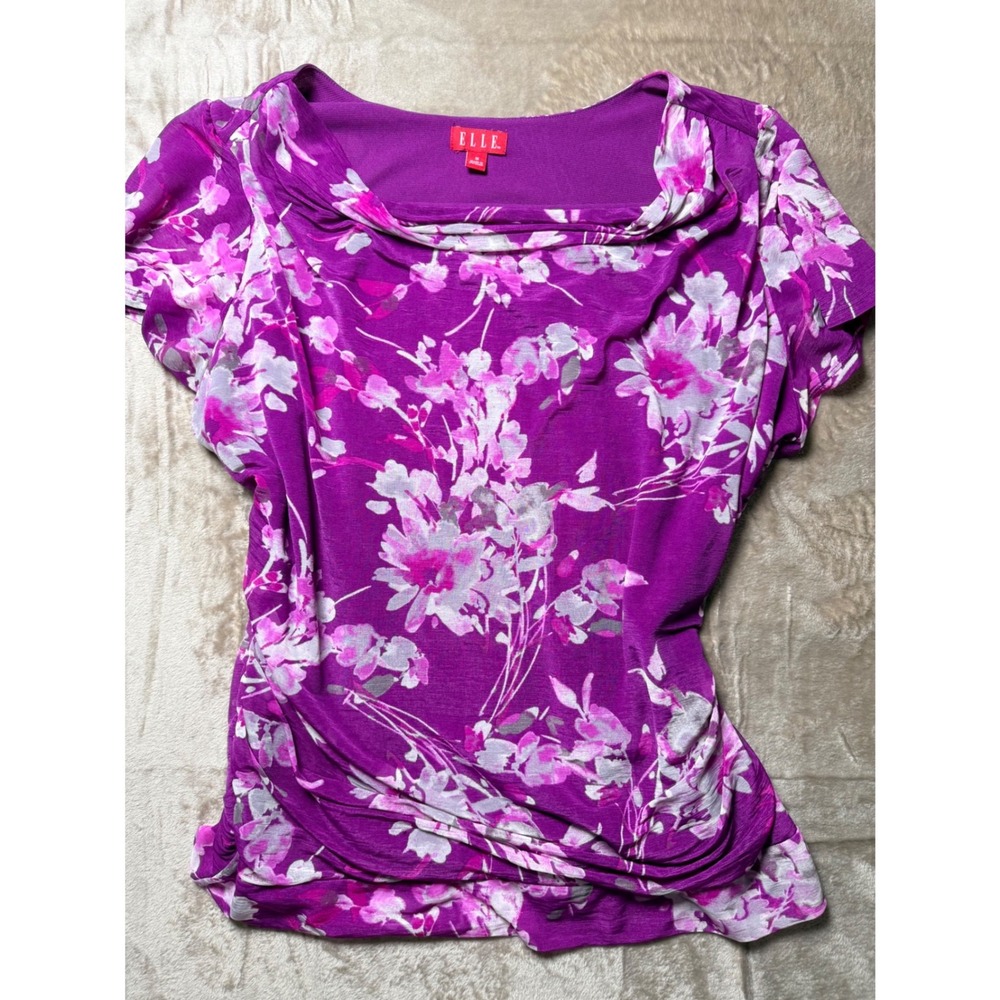 Elle Womens Purple Floral Cowl Neck Ruched Blouse Short Sleeve Top Size 1X